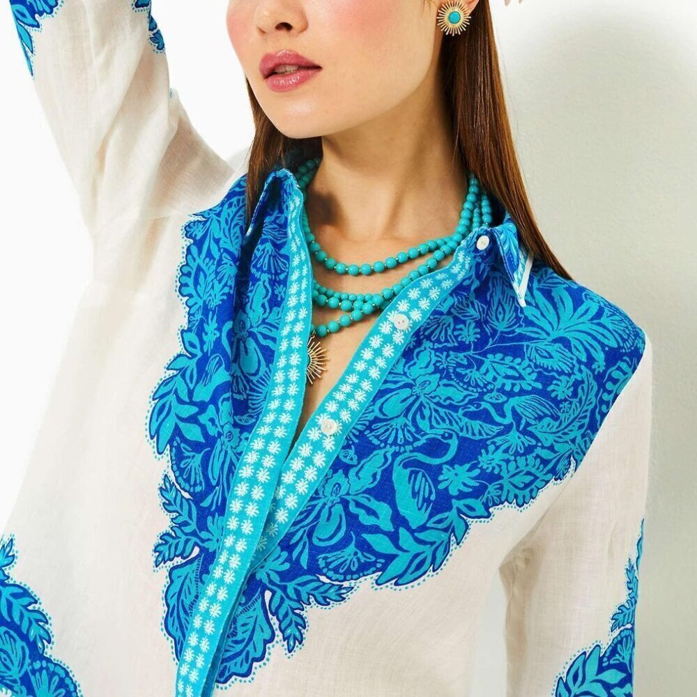 Lilly Pulitzer  Breeze Aqua Jungle Escape Engineered Woven Kiran Button Down Top - Picture 2 of 10